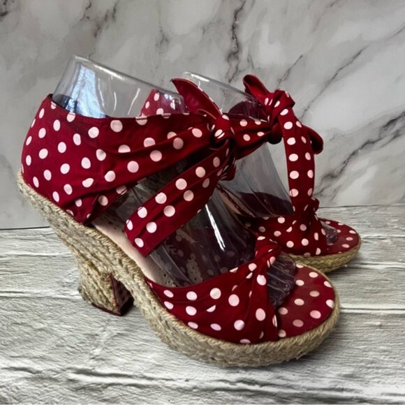 Irregular Choice “Diplo Cheesecake” Polka Dot Jute Espadrille Wedge Heels - Picture 2 of 16
